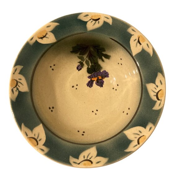 Signed Art Pottery Bowl Green and Purple Florals - Picture 1 of 6